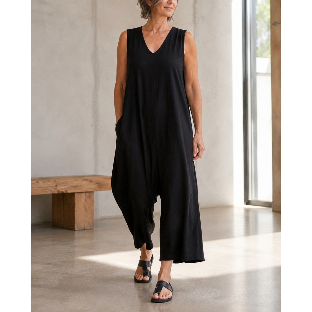 Eileen Fisher Drop Crotch Wide Leg Cropped Jumpsuit Black Viscose XL